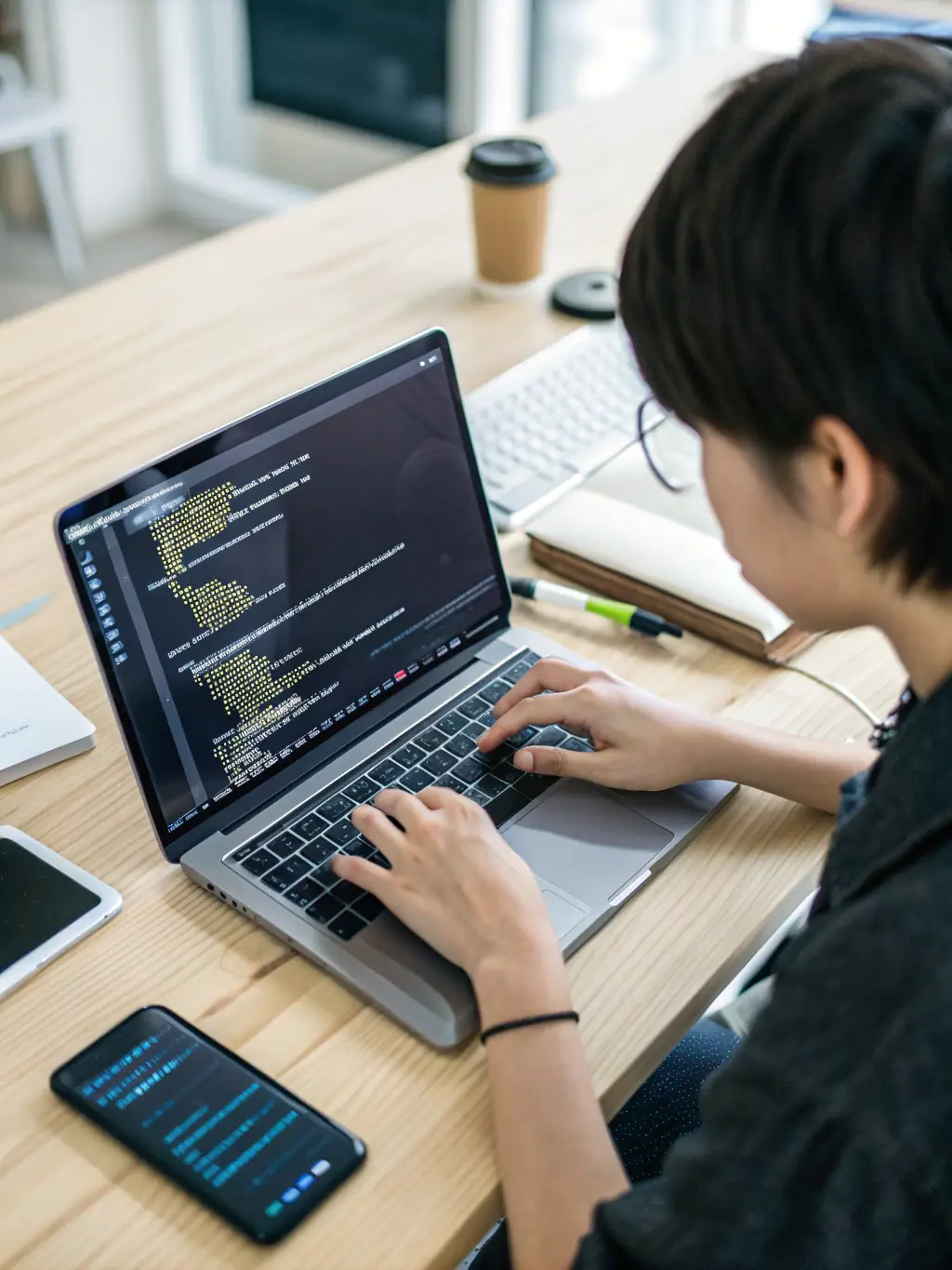 A close-up shot of a software developer's hands typing code on a laptop, with lines of code visible on the screen, symbolizing the technical expertise behind TechPropel's solutions.